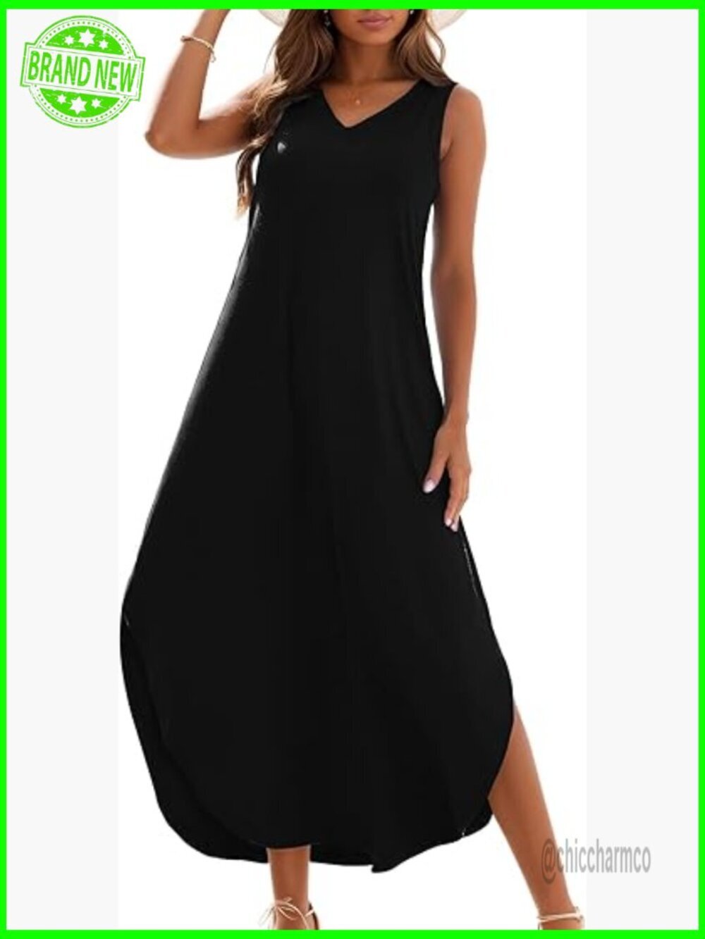 Summer Sleeveless V Neck Side Split Maxi Tshirt Dress Loose